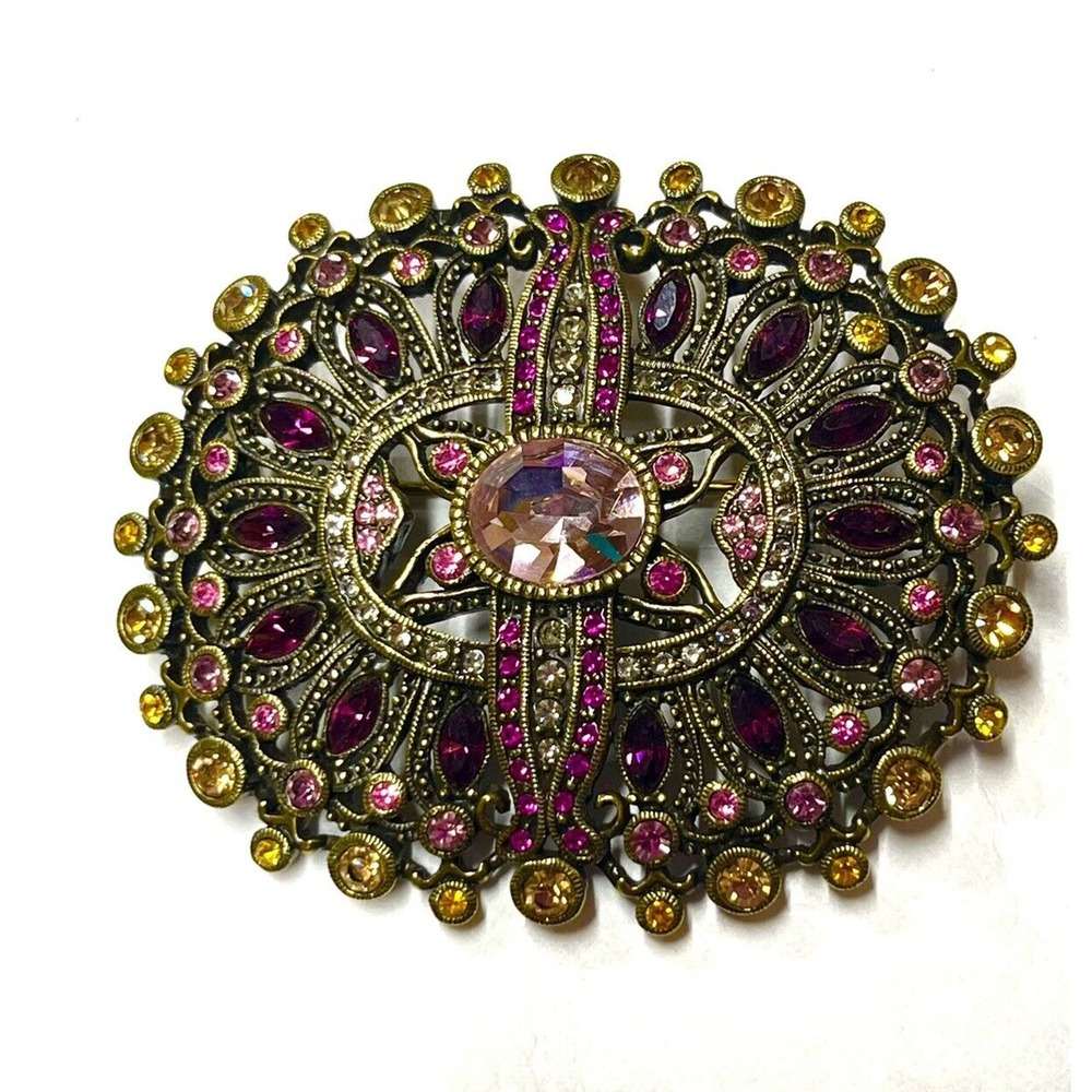 LA Vintage Kathy Levine Brooch Pendant Large Pink Purple Crystals Art Deco